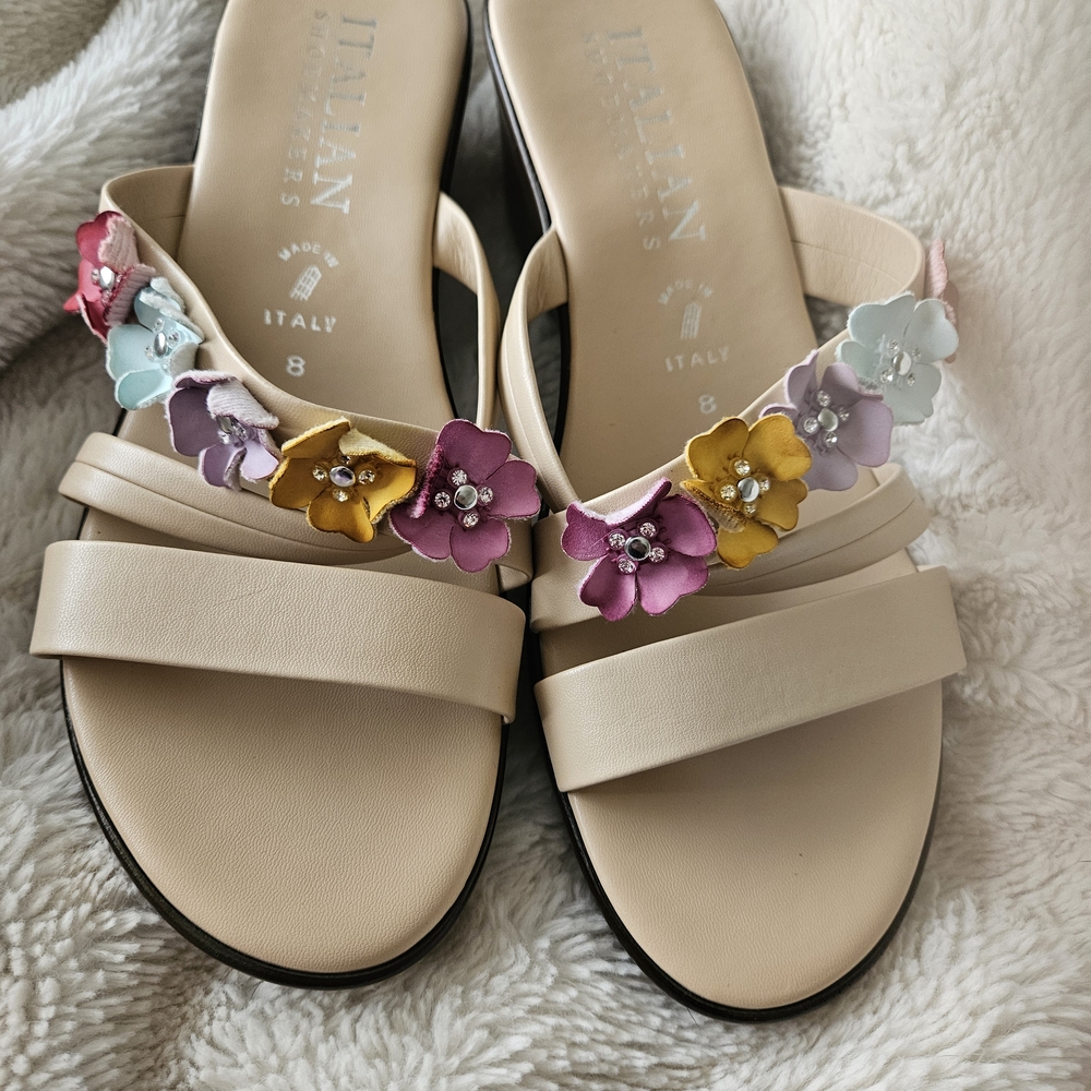 Handmade Italian Sandals With Flowers, Strapped, Made In Italy, Woman's Size 8
